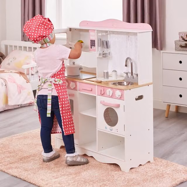 Liberty House Toys Kids Wooden Country Play Kitchen in White and Pink