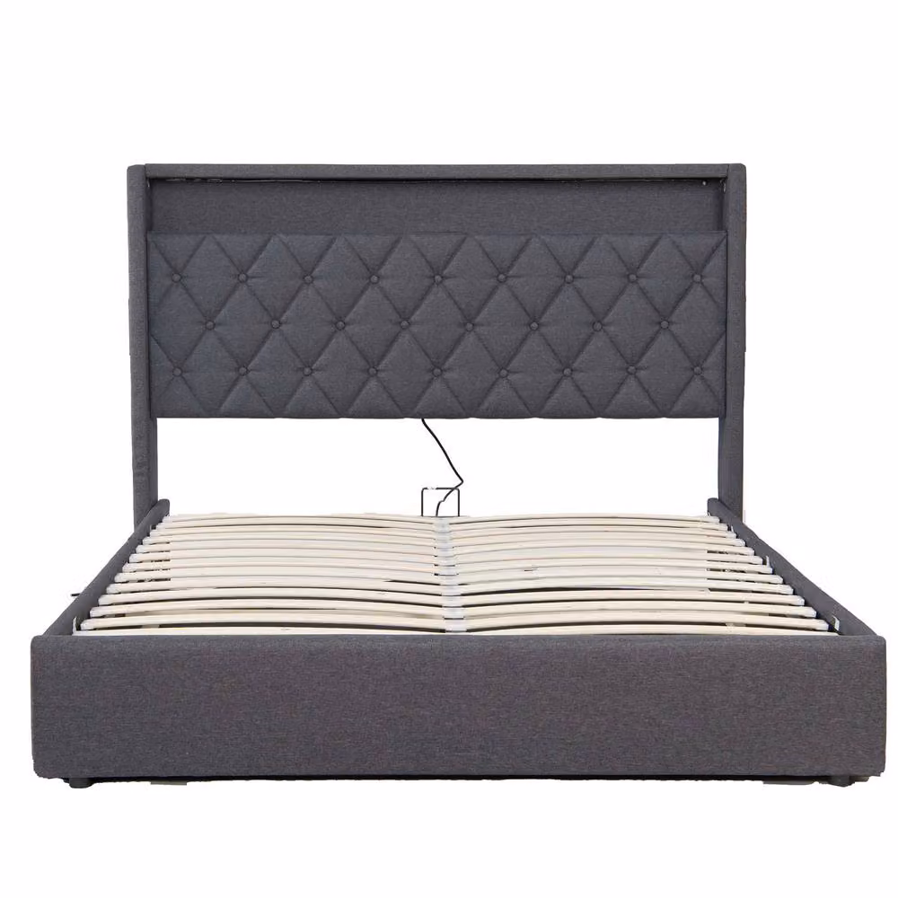 STILVORA Grey Upholstered 4ft6 Double Ottoman Bed with LED Lighting and USB Charging Station, W/D/H: 140 x 200 cm – 7