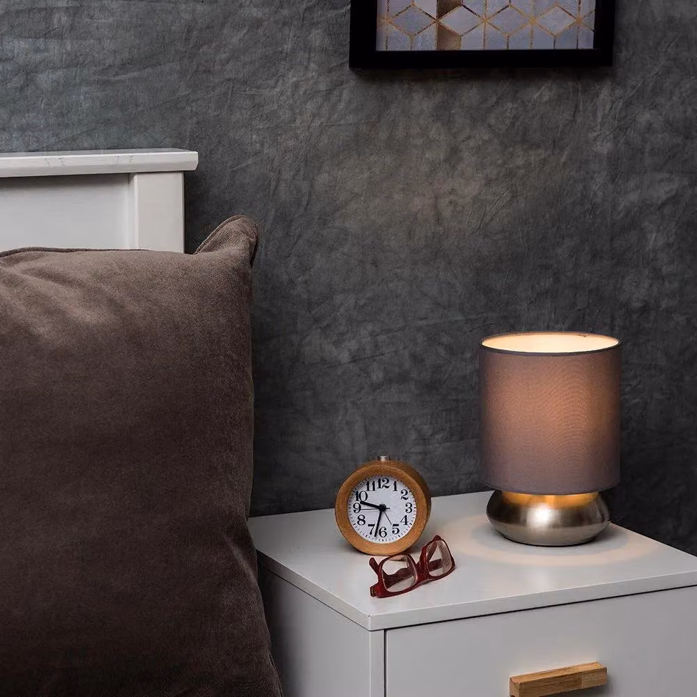 ValueLights Pair of Modern Dimmable Touch Table Lamps with Chrome Metal Bases and Grey Fabric Shades – 3