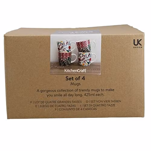 KitchenCraft Exotic Floral Stoneware Mugs, Set of 4, Multicolour, 425ml – 3