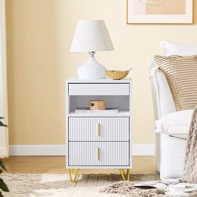 SoBuy Modern Bedside Table with 3 Drawers and Shelf in White and Gold