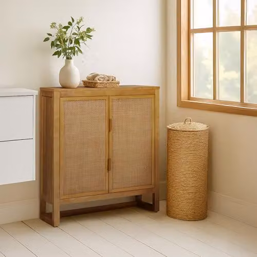 Teamson Home Hatteras Modern Wood and Rattan Accent Cabinet in Sand, W/D/H: 71 x 30.48 x 86.38 cm – 2
