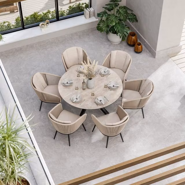 Royalcraft Bali 6 Seater Round Ceramic Glass Dining Set in Sand, Black and Beige