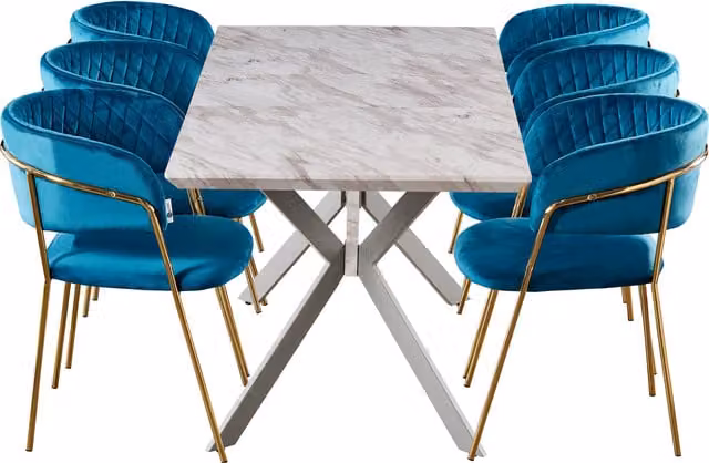 Life Interiors Atarah Blaze LUX Extendable Dining Set with 6 Chairs in Blue and Gold