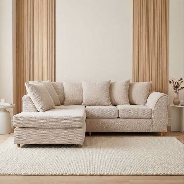 Abakus Direct Jumbo Grid L-Shape Corner Sofa in Beige with Padded Fabric Cushions and Scatter Cushions, Left-Hand Facing