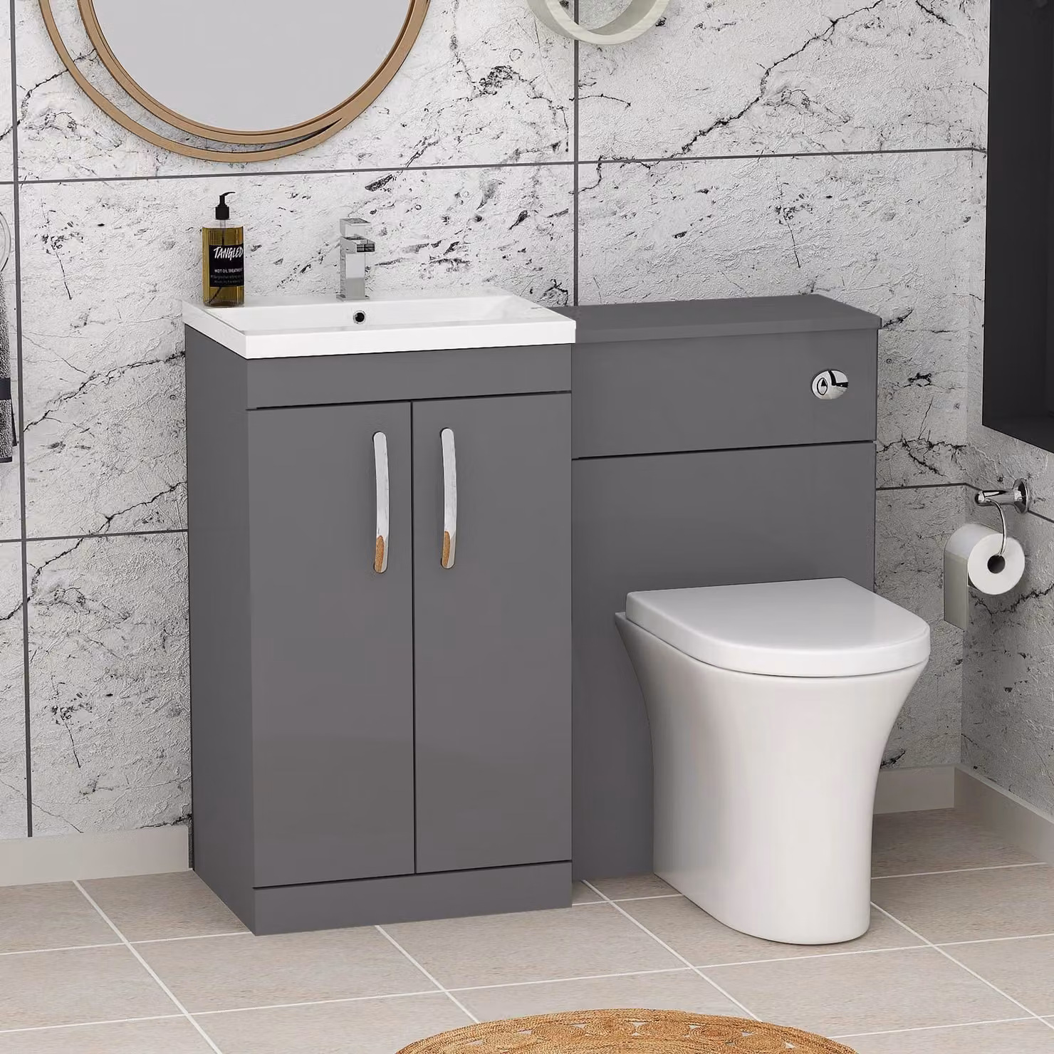 Royal Bathrooms Indigo Grey Gloss 2 Door Vanity Unit Pack with Mid Edge Basin and Breeze Back to Wall Toilet, Width: 100 cm