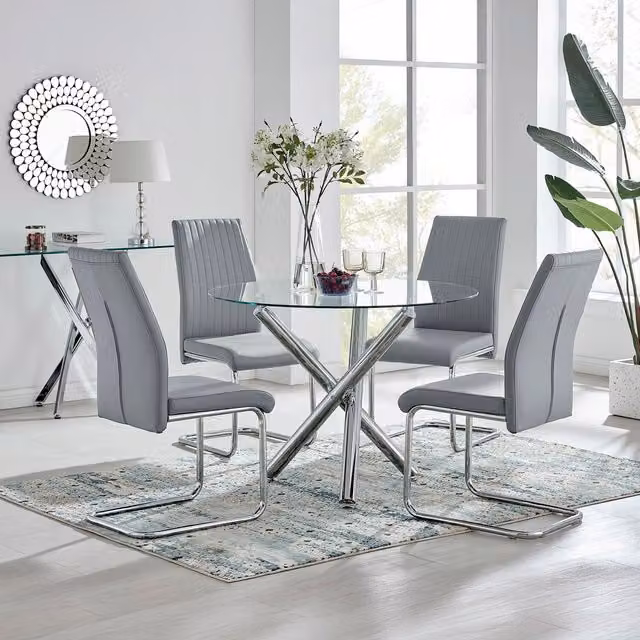 FurnitureboxUK Selina Round Glass and Chrome Metal Dining Table and Four Lorenzo Chairs Set in Grey – 1