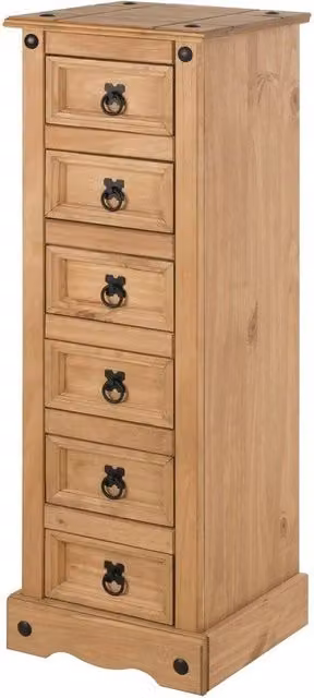 FORGEVIO 6 Drawer Narrow Chest Bedside Table and Side Cabinet in Rustic Natural Pine with Black Metal Accents