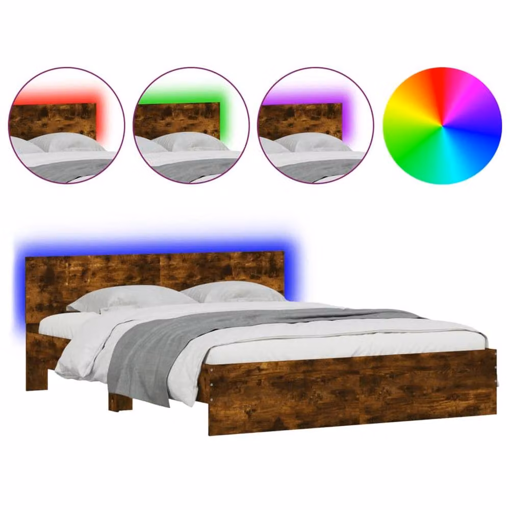 Berkfield Home Durable Bed Frame with Under-Bed LED Lighting in Smoked Oak Brown, W/D/H: 160 x 200 x 70 cm – 3