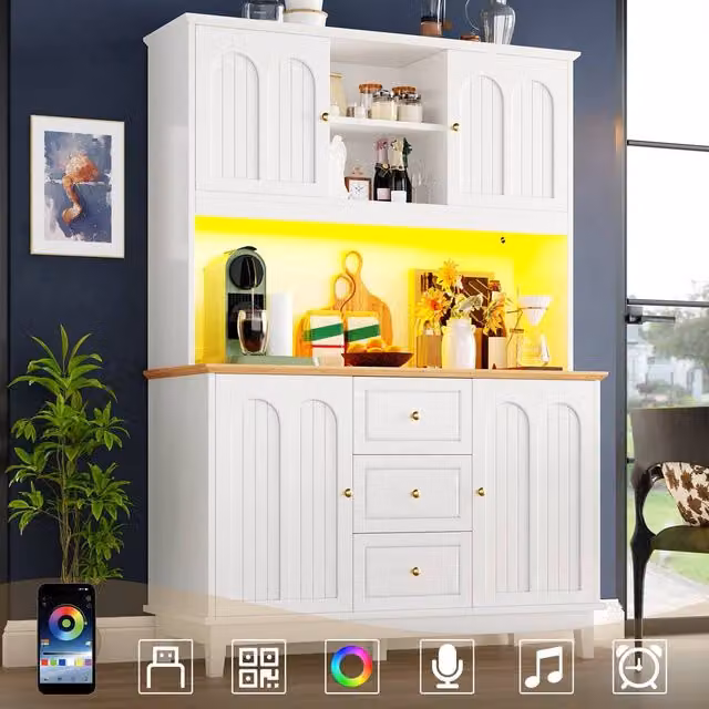 Rolipo Tall Kitchen Pantry Cabinet with Integrated LED Lights, White