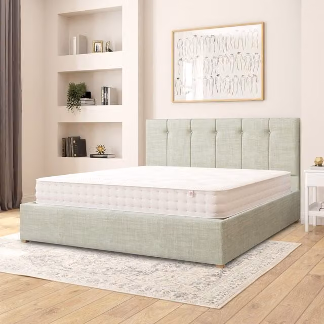 Aspire Hepburn Upholstered Ottoman Storage Bed in Green Cotton Fabric, Superking, W: 200 cm x D: 200 cm