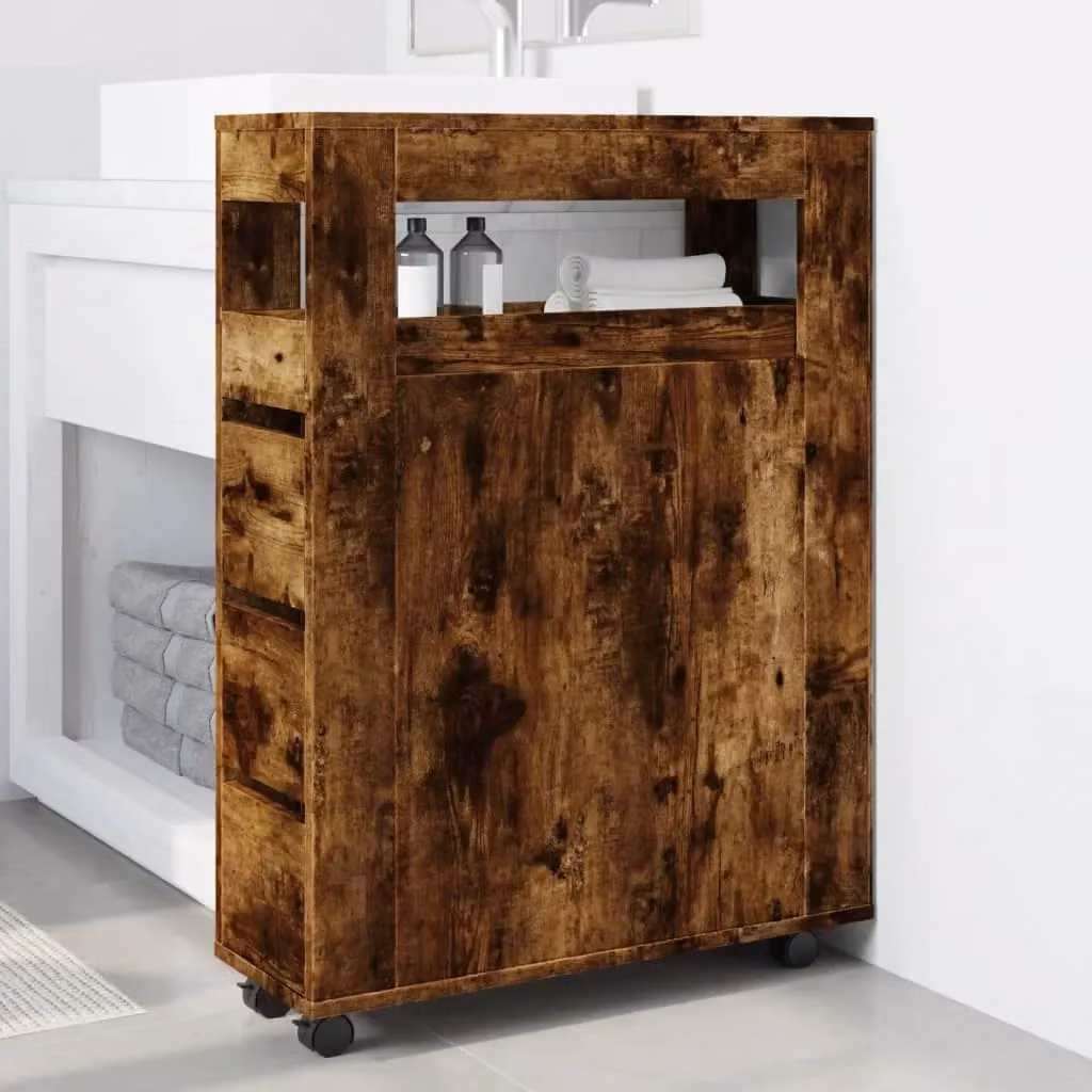 Berkfield Home Narrow Freestanding Bathroom Cabinet with Wheels in Smoked Oak Brown – 3