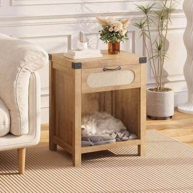 London Boutique Boho Rattan Bedside Cabinet with Drawer and Shelf in Natural – 1