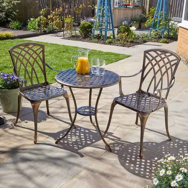 Home Source Brown Bistro Set with Lattice Table and 2 Chairs, Aluminium Metal Garden Furniture – 1