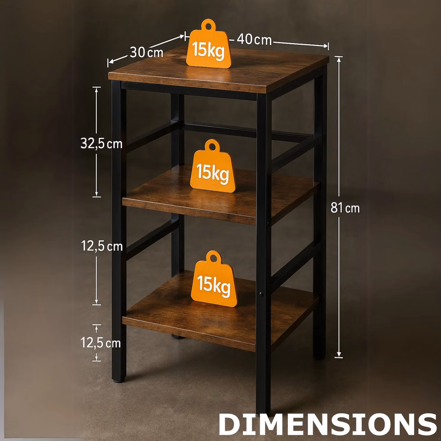 Rafaelo Mobilia 3 Tier Industrial Living Room Side End Table, Brown and Black, W: 40 cm, D: 30 cm, H: 81 cm – 8