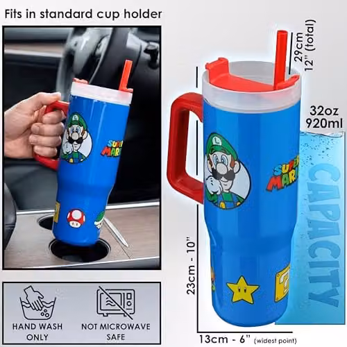 Get Trend Super Mario Insulated Stainless Steel Tumbler with Straw and Handle, Blue, 920ml – 5