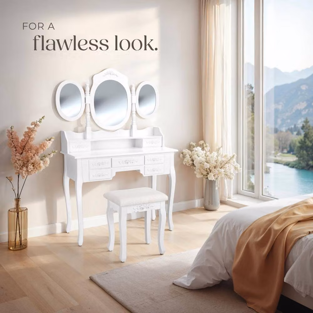 tectake White Lacquered MDF Dressing Table with Tri-fold Mirror – 2