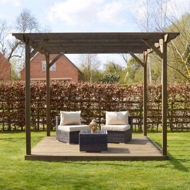 Rutland County Garden Furniture Ltd Pergola and Decking Kit in Rustic Brown, W: 240 cm, D: 240 cm, H: 270 cm