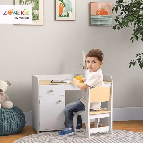 ZONEKIZ Kids Desk and Chair Set for Ages 3-6 Years in White – 2