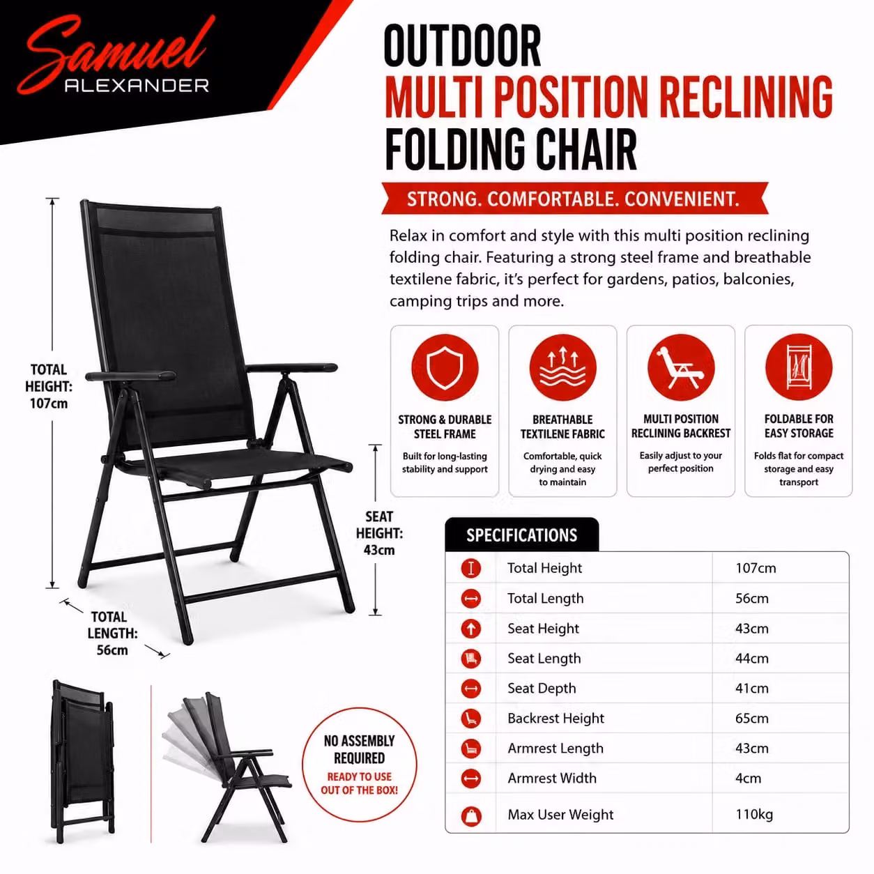 Samuel Alexander Multi Position Reclining Folding Garden Chair in Black – 5
