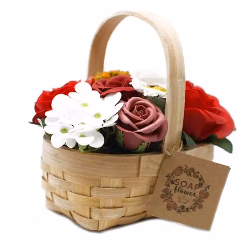 Serenityy Red Rose Soap Flower Bouquet in a Rattan Wicker Basket
