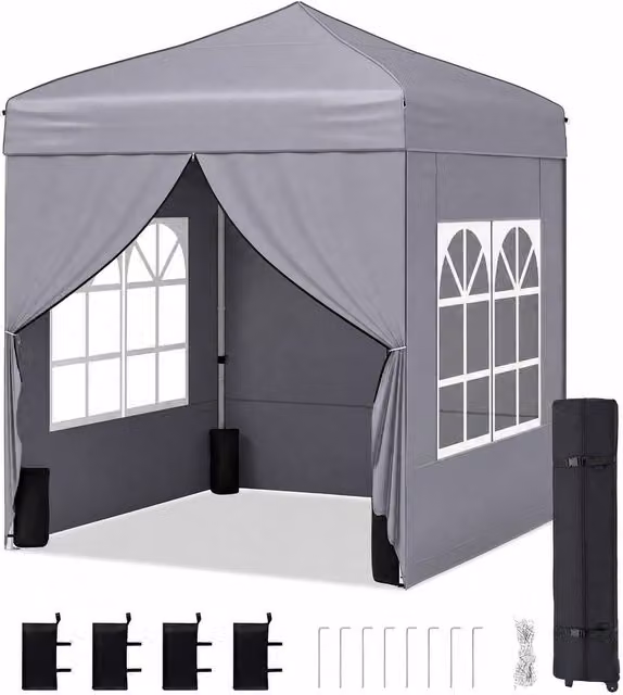 Gymax Grey Pop Up Camping Tent Sunshade Shelter with 4 Sidewalls and Windows, W/D/H: 194 x 194 x 236 cm – 1