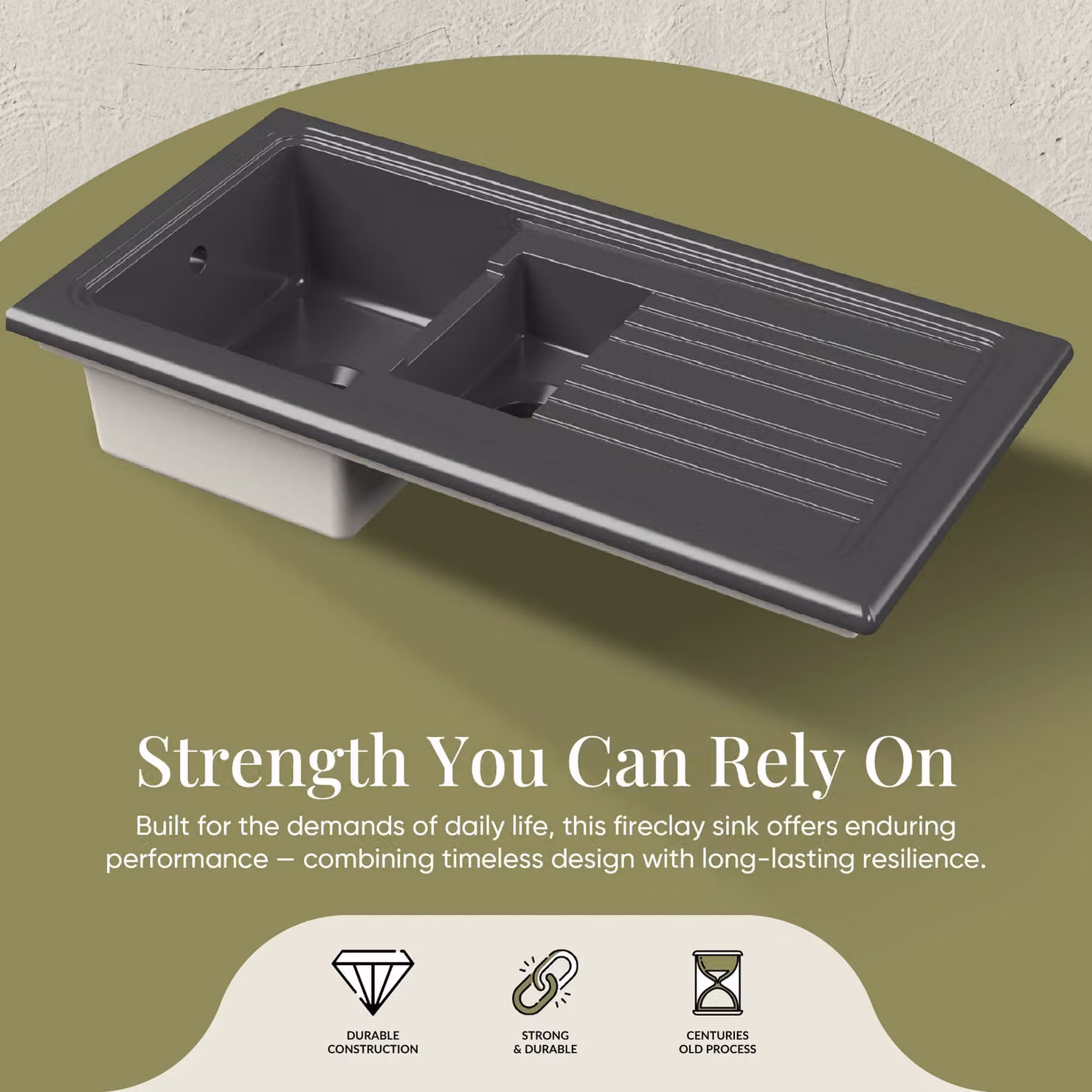 Balterley Ceramic 1.5 Bowl Kitchen Sink with Grooved Drainer, Dark Grey, W: 101.0 cm x D: 52.5 cm x H: 23.5 cm – 3