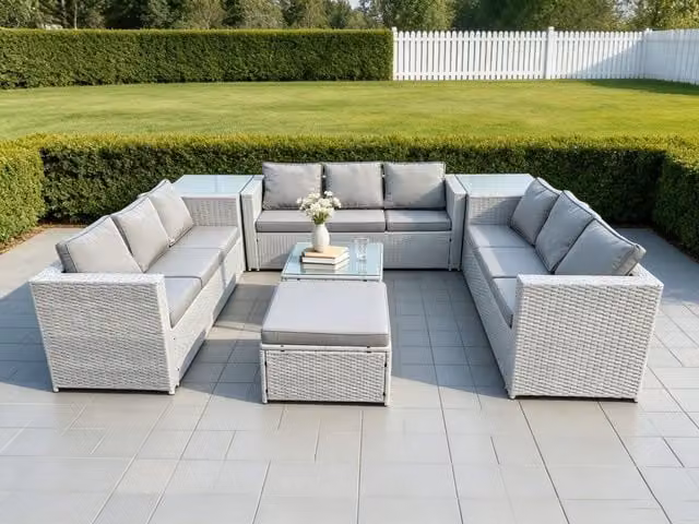 Fimous 10 Seater Rattan Garden Furniture Set in Light Grey with U-Shape Sofa, Ottoman, Coffee Table and Two Side Tables – 1