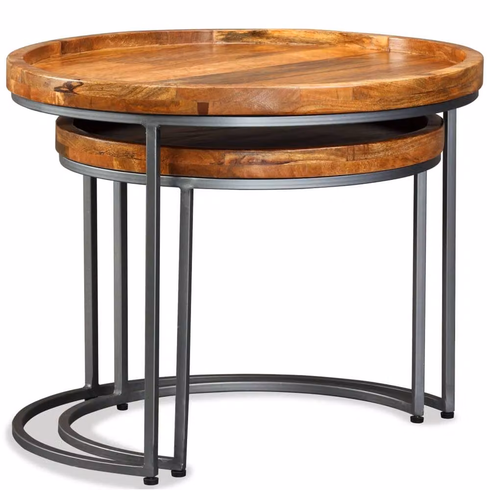 Berkfield Home Set of 2 Round Nesting Side Tables in Brown Solid Mango Wood – 3