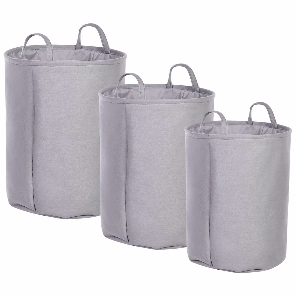 Wyld and Coco Grey Round Drawstring Storage Baskets, Set of 3, Cotton Fabric – 2
