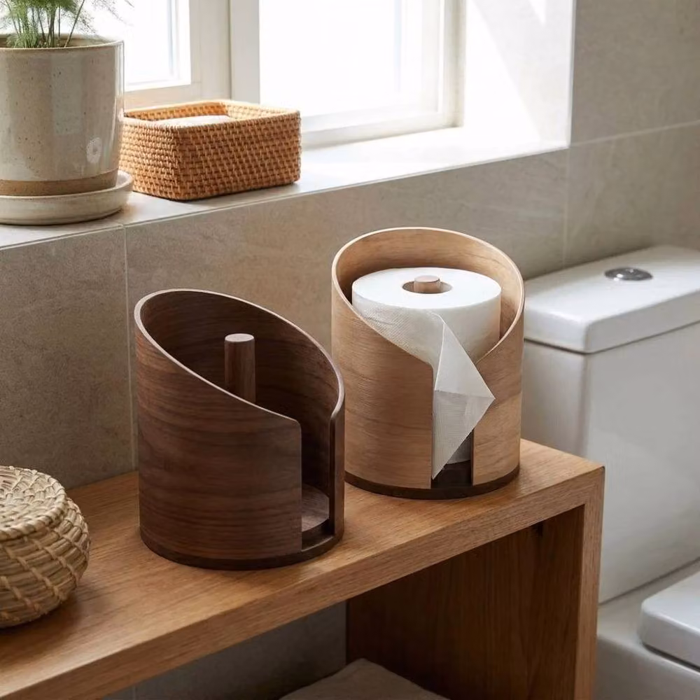 SPETLEK Round Wooden Paper Towel Holder and Tissue Storage Box in Brown – 6