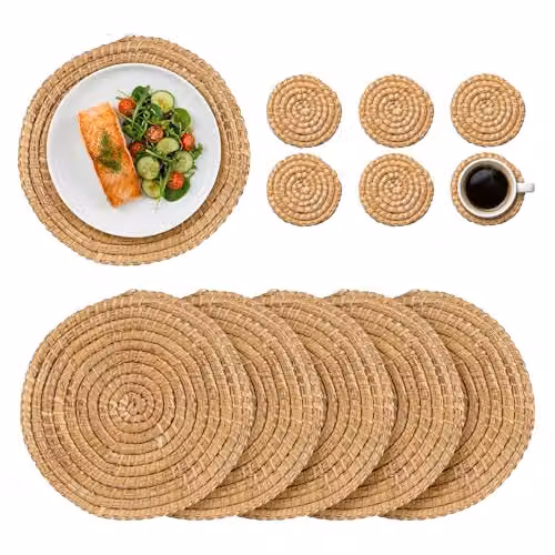 Argon Tableware 12pc Round Woven Palm Leaf Placemats and Coasters Set in Brown