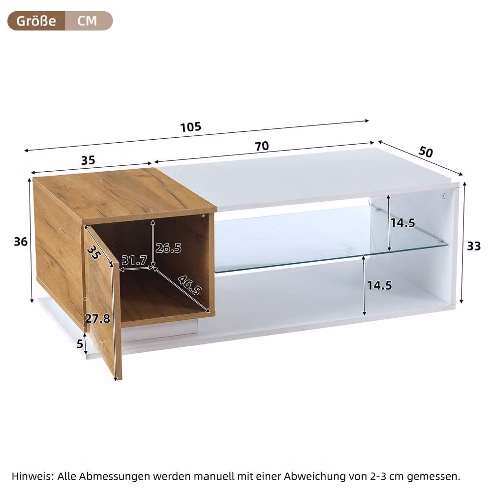 Rolipo LED Coffee Table in High Gloss White and Wood with Glass Top and Lift Mechanism – 2