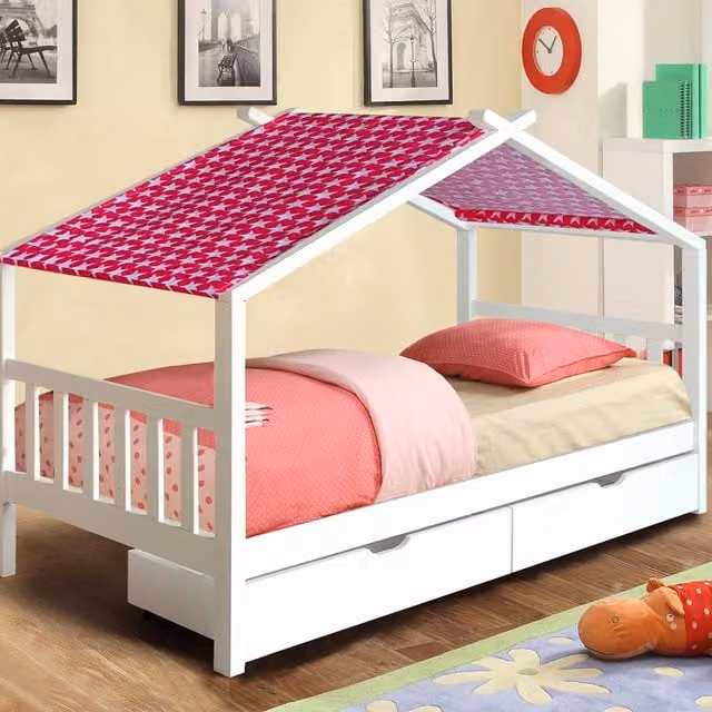 Comfy Living Childrens Solid Wood House Storage Bed with Fabric Tent and Drawers, White and Pink, W/D/H: 80 x 190 cm