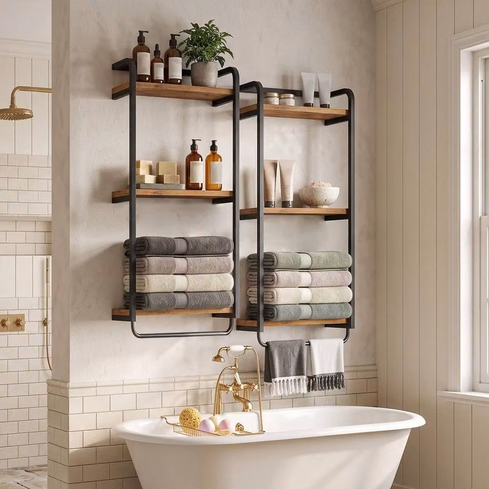 KORVIXA Brown Wood Adhesive Towel Rack and Storage Holder W: 100 cm, H: 60 cm – 4