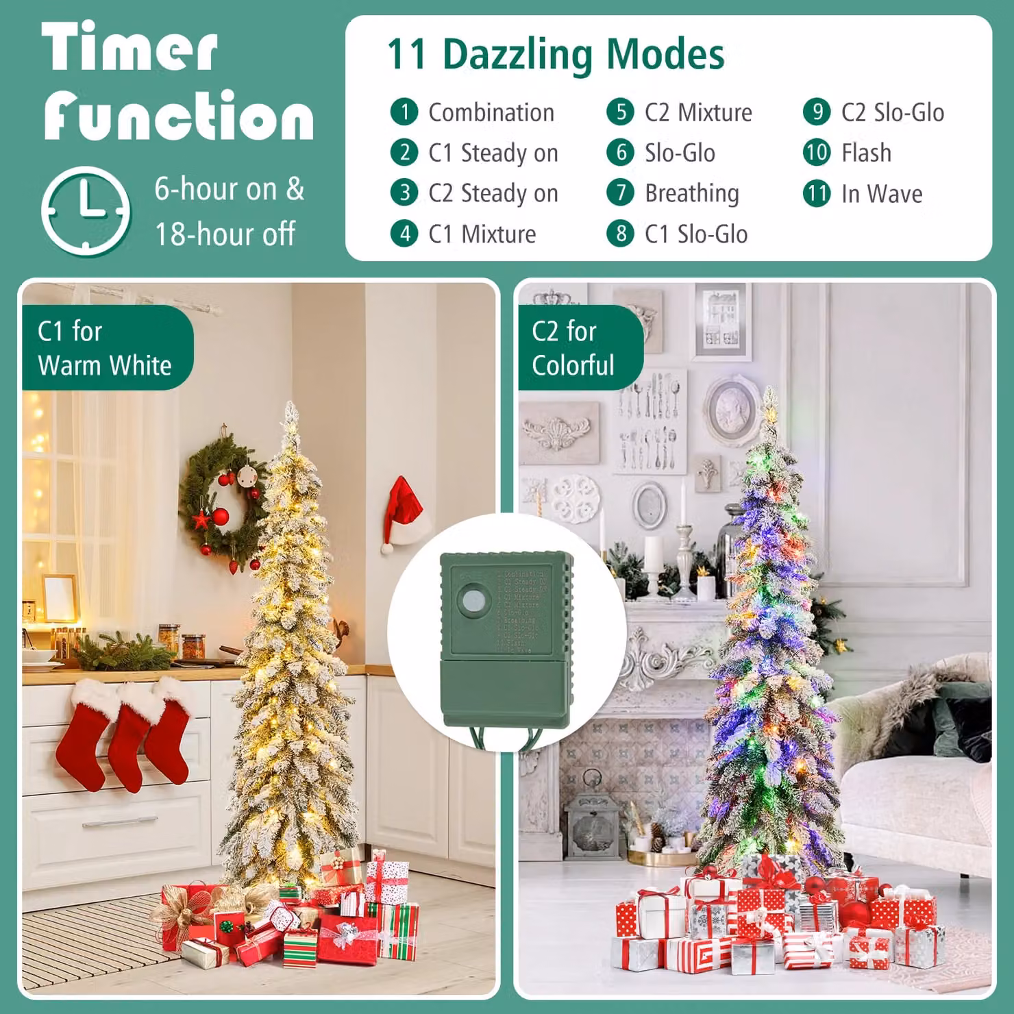 Gymax 5ft Pre-lit Snow-flocked Christmas Tree in Green with 334 Tips and 11 Lighting Modes – 3