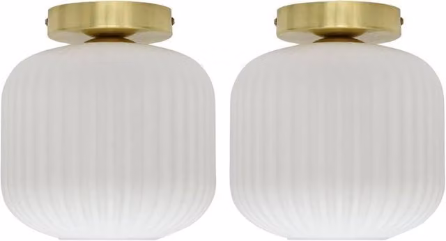 First Choice Lighting Set of 2 Bento White Ribbed Glass and Satin Brass Ceiling Light Fittings – 1