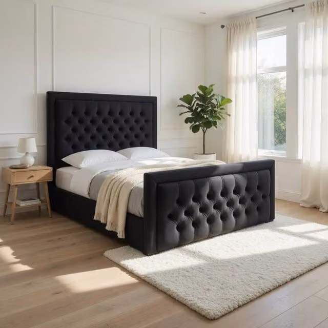 KDMD Swanscombe Modern Upholstered Designer Bed Frame in Black Soft Velvet, W/D/H: 90 x 190 x 137 cm