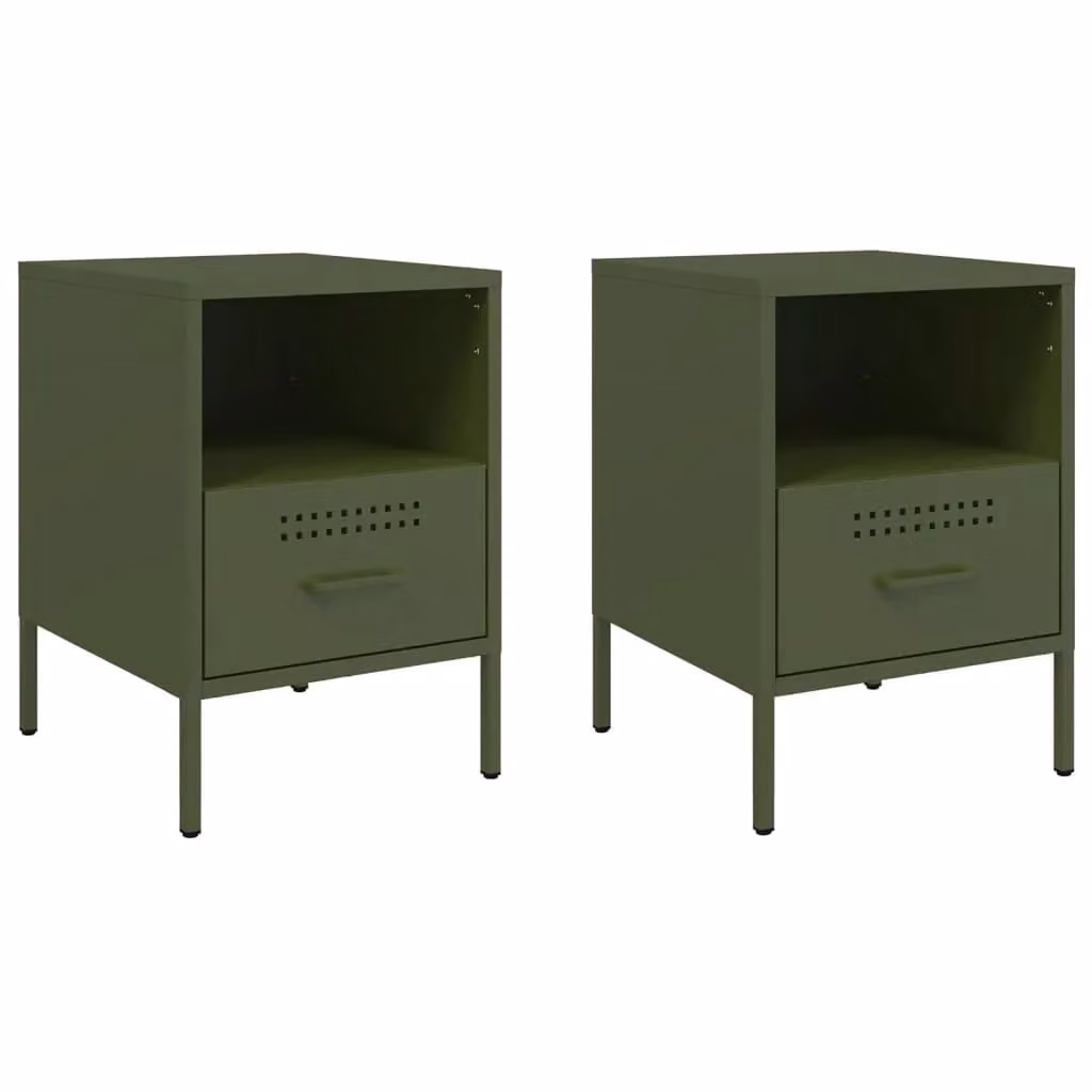 Berkfield Home Set of 2 Industrial Metal Bedside Cabinets in Olive Green, W/D/H: 36 x 39 x 50.5 cm – 1