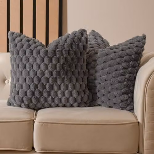 OHS Pack of 2 Waffle Faux Fur Cushion Covers in Grey, W/D/H: 45 x 45 x 45 cm – 1