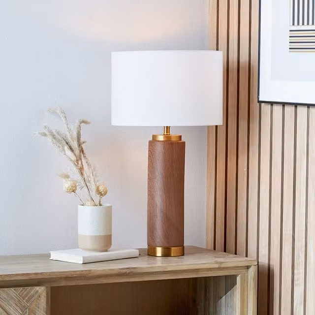 Pacific Lifestyle Tall Ceramic Table Lamp with Fabric Shade in Brown and White Wood Effect