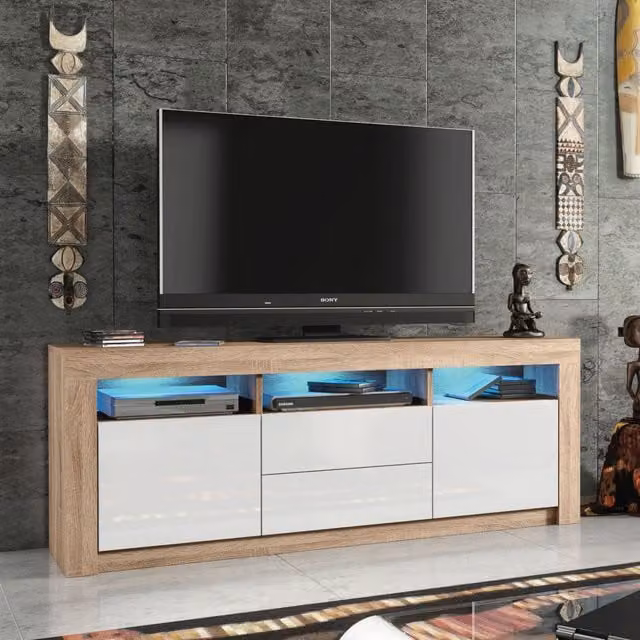 Creative Furniture Shine Modern TV Unit in Oak with Glossy Doors and Integrated Lighting, W: 160 cm, D: 35 cm, H: 60 cm – 1