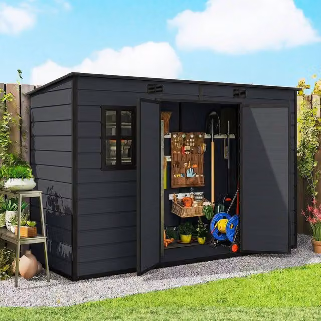 OUTSUNNY Plastic Garden Shed with Floor and Lockable Doors, Dark Grey, W: 300 cm, D: 100 cm, H: 184 cm – 1