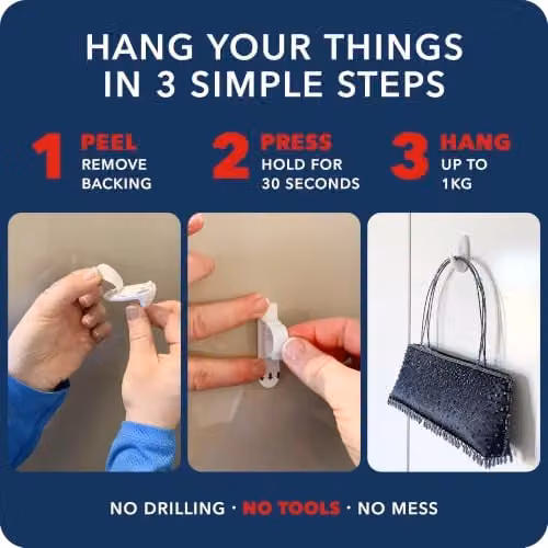 Takker White Multi-Purpose Adhesive Wall Hooks with 4 Strips, Holds Up to 1 kg – 2