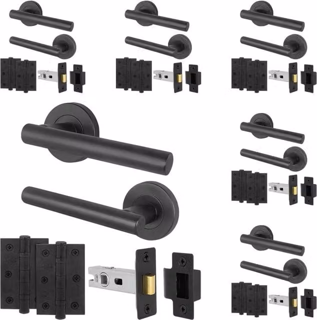 AFIT Black T-Bar Door Handles with Round Rose and Latch Hinges, 6 Pack – 1