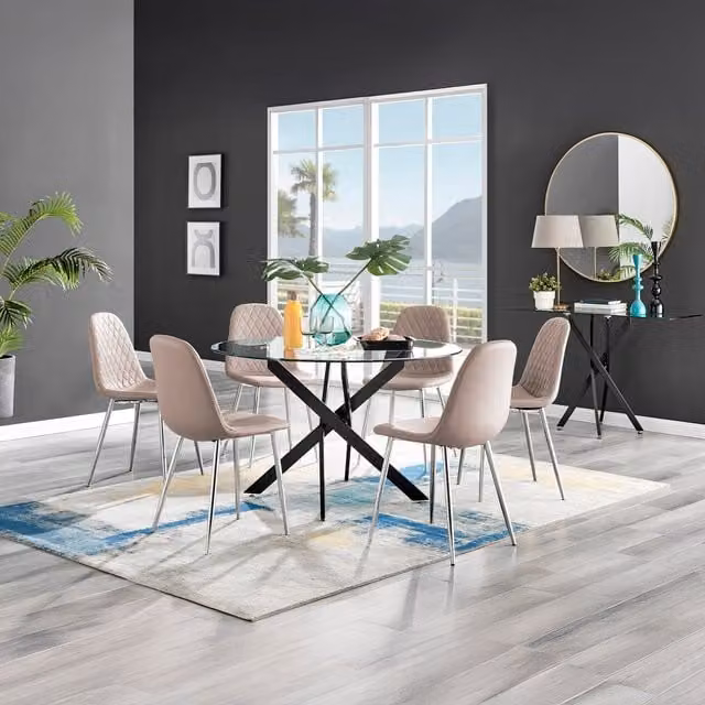 FurnitureboxUK Novara Round Glass Dining Table with 6 Corona Silver Chairs in Cappuccino, Diameter: 120 cm