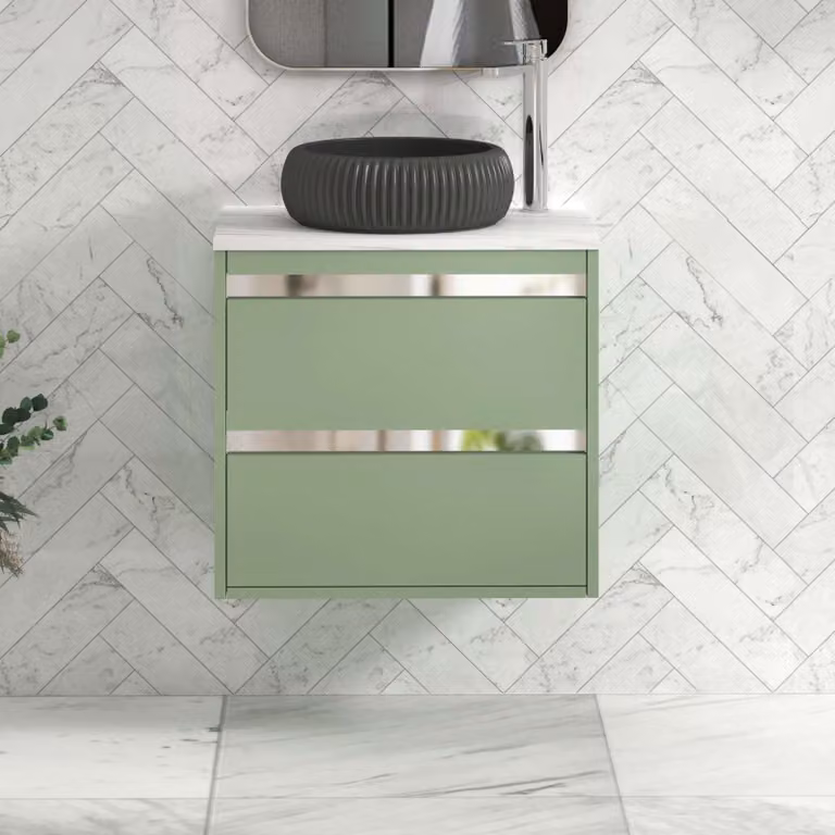 Royal Bathrooms Orion 600mm Mint Sage Wall Hung 2 Drawer Vanity Unit with Milan Black Basin and Chrome Accent Trim
