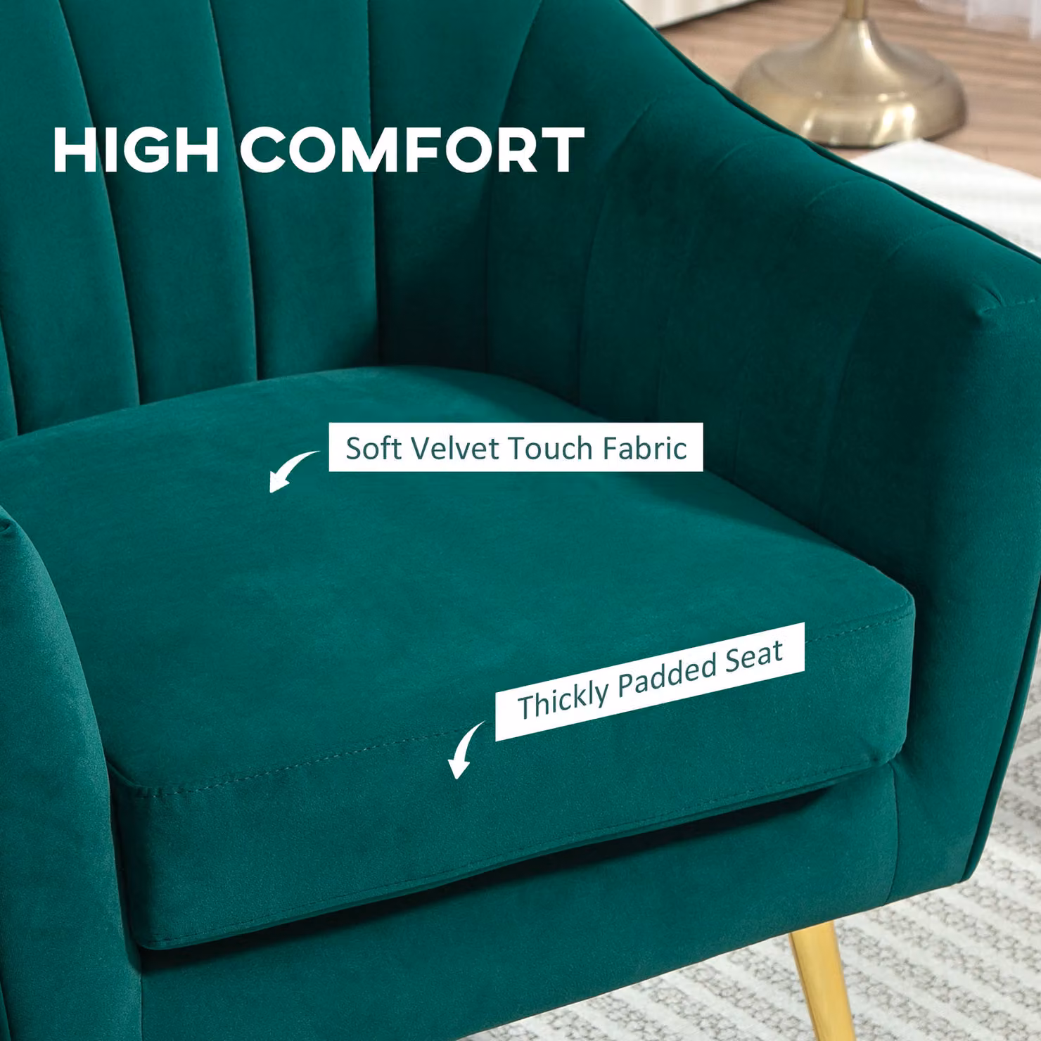 HOMCOM Green Velvet Tub Armchair with Metal Frame and Armrests – 3