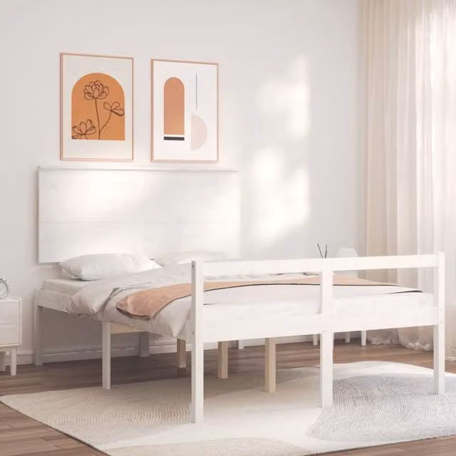 Berkfield Home Small Double Solid Wood Bed Frame with Headboard in White – 1
