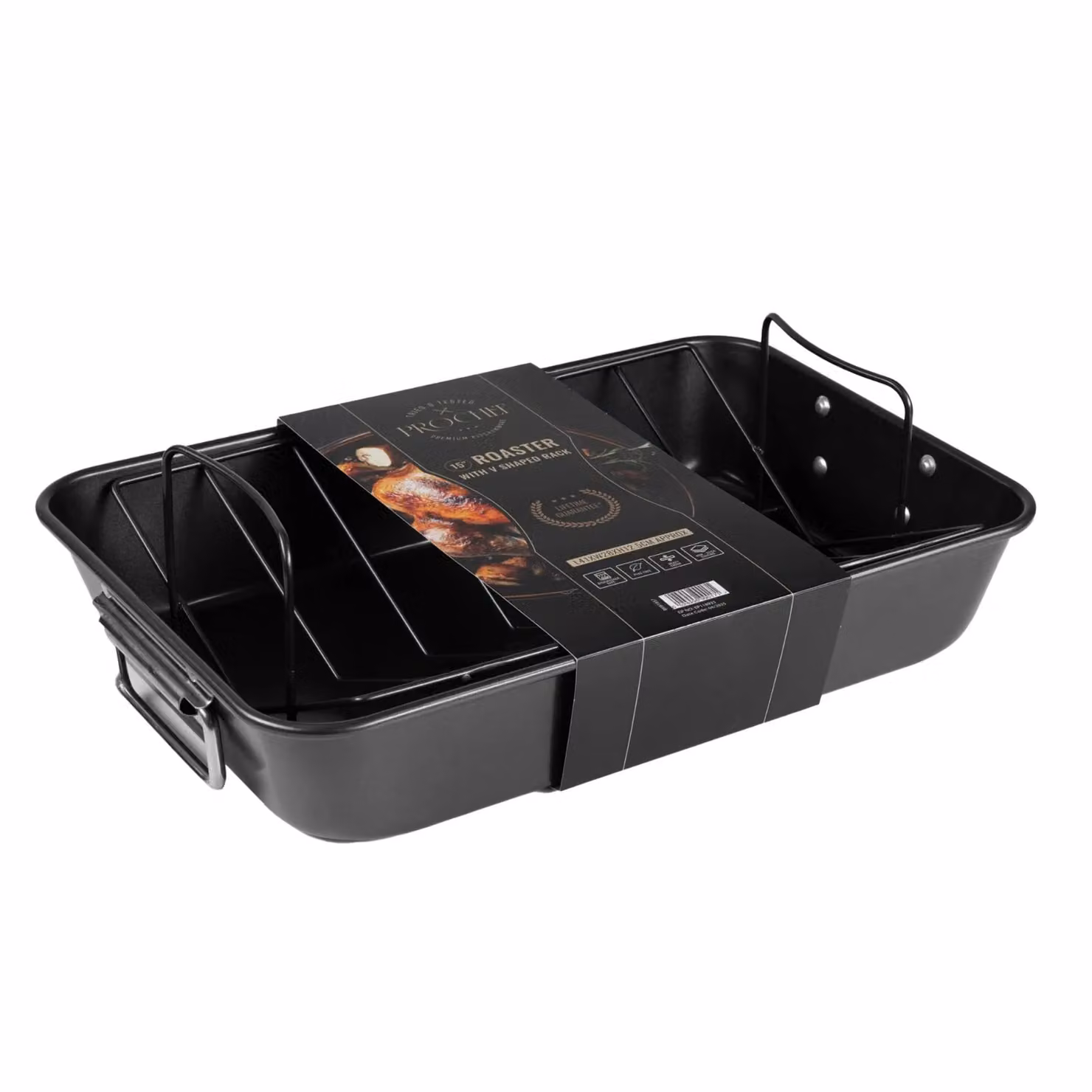 Prochef Non-Stick Carbon Steel Roasting Pan with V Rack, Black and Grey, W: 38.1 cm, D: 27.5 cm, H: 7.5 cm – 2